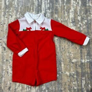 Vintage Florence Eiseman Scottie Dog Red Long Slv Shorts Romper Size 4T 1970’s